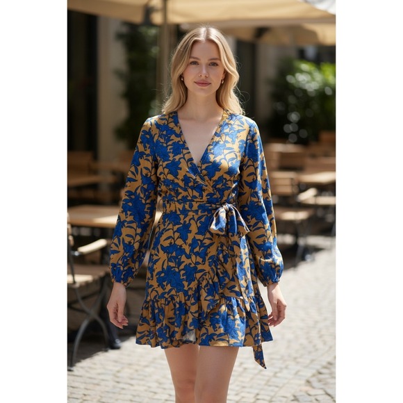 The Korner Dresses & Skirts - The Korner Floral Mini Dress NWT Blue Mustard Yellow Long Sleeve Size S Small